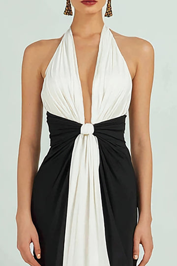 Black and White Deep V-Neck Ruched Sheath Long Formal Dress
